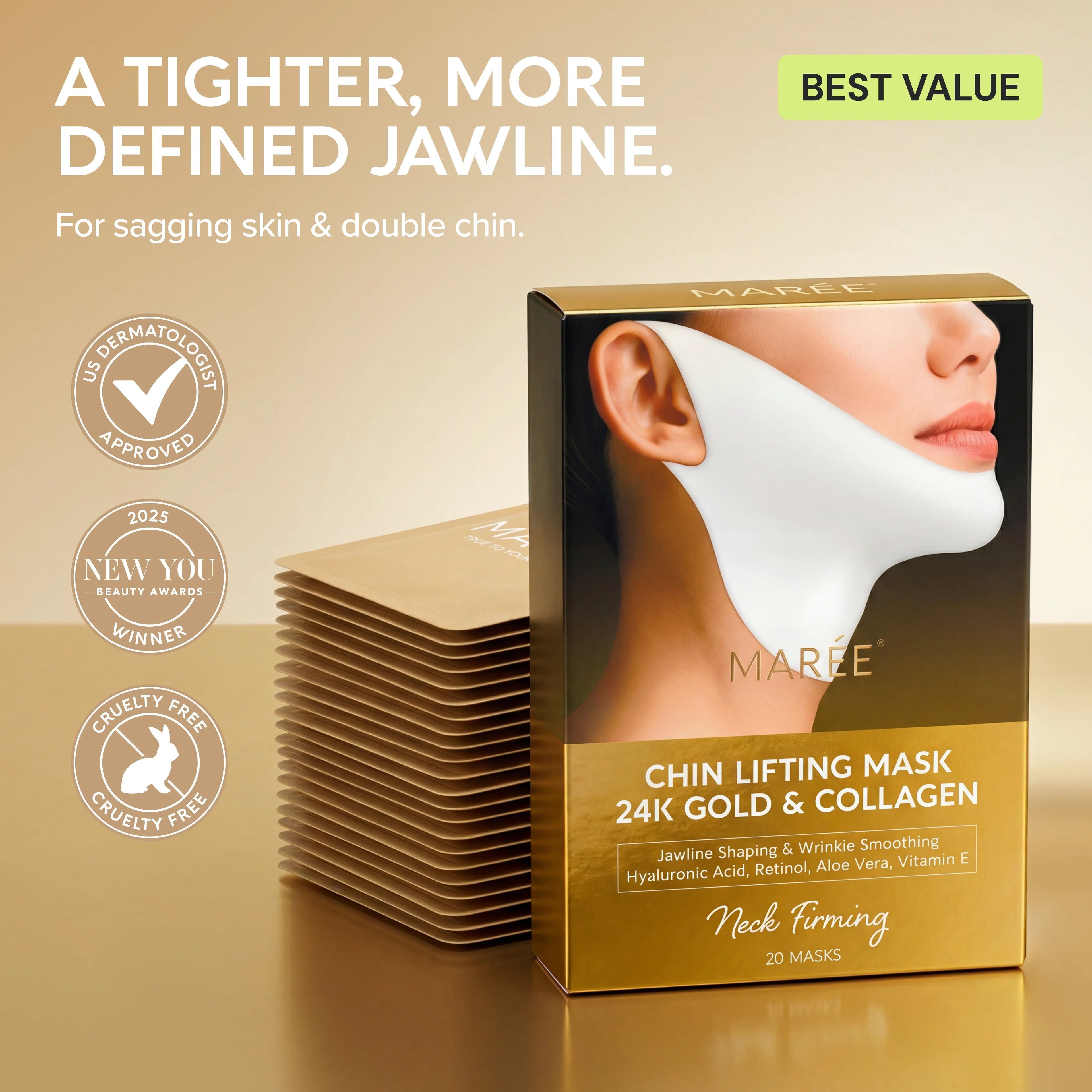 24K Gold V-Line Lifting Mask – Collagen Jawline & Neck Firming Mask (20 PCS)